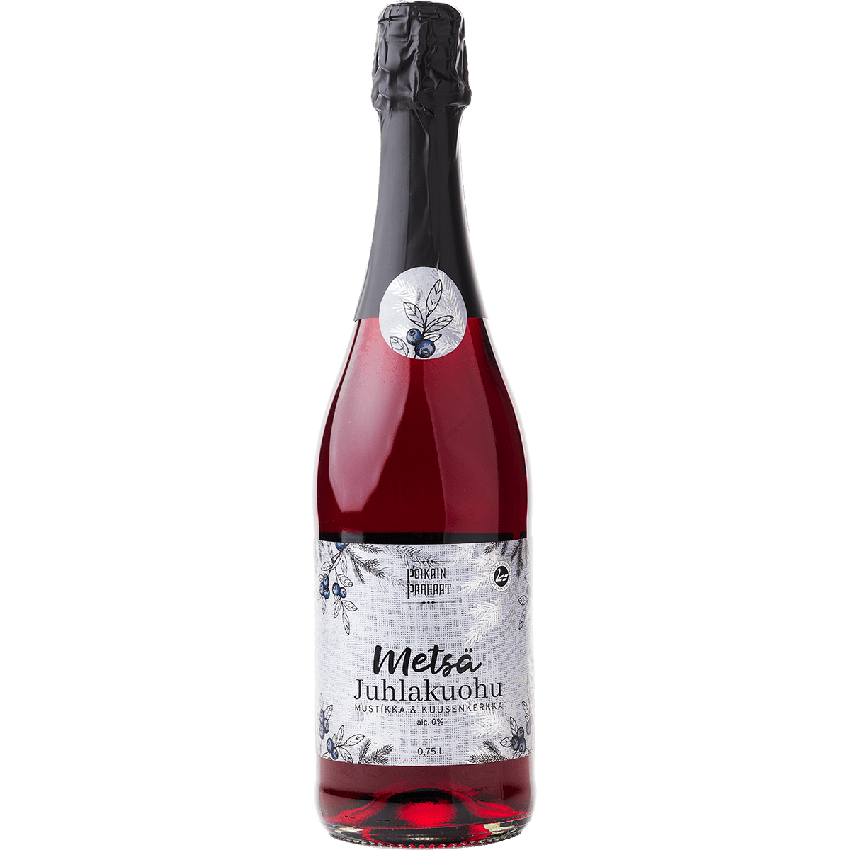 A bottle of Poikain Parhaat Metsä Sparkling Drink 0,0 %, featuring silver and black accents, berry and leaf illustrations on the label, and a black foil-wrapped top.
