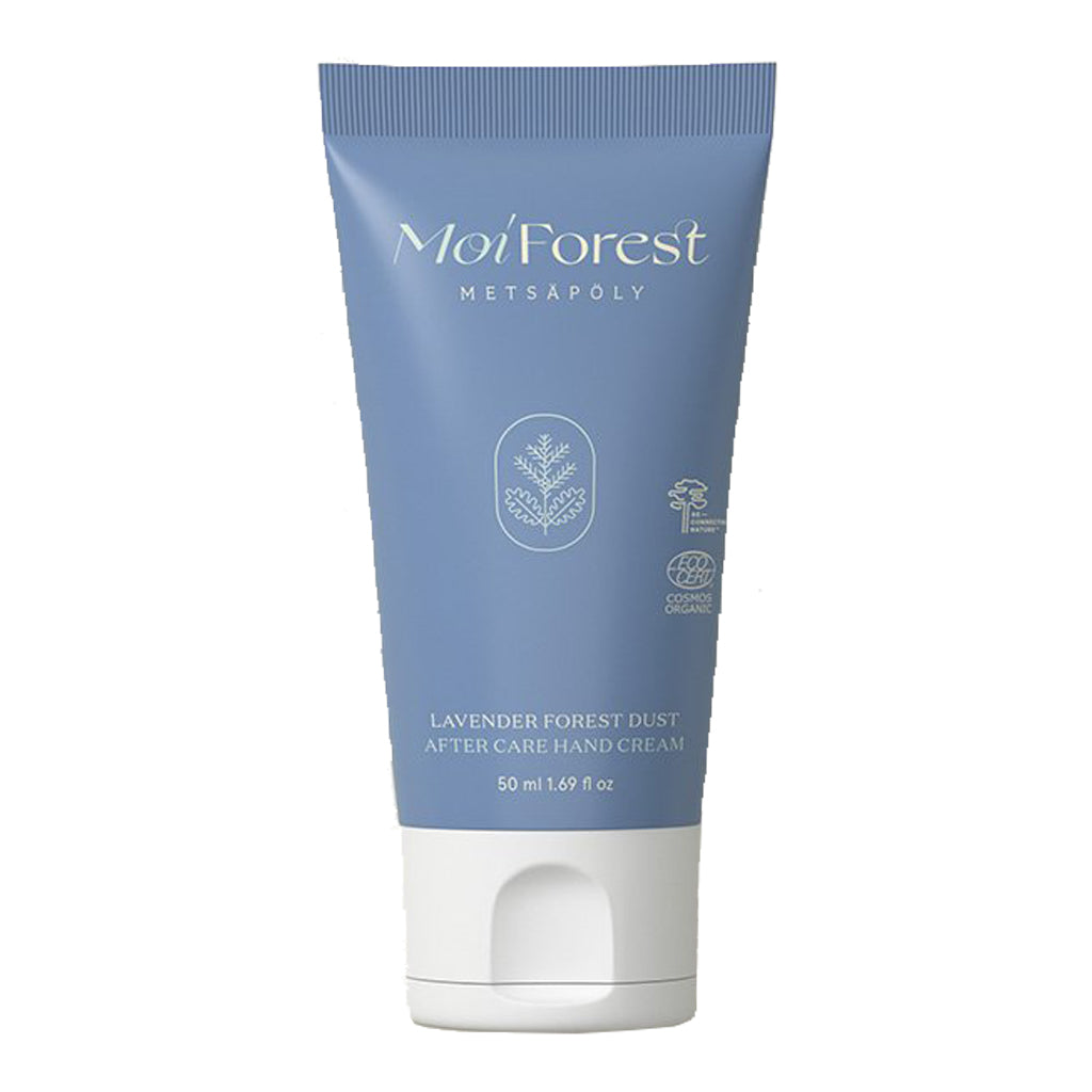 The Moi Forest Dust After Care Hand Cream Lavender, 50 ml, comes in a lavender and white tube with plant graphics and certification symbols—an organic hand cream from Moi Forest designed to nurture your skin.