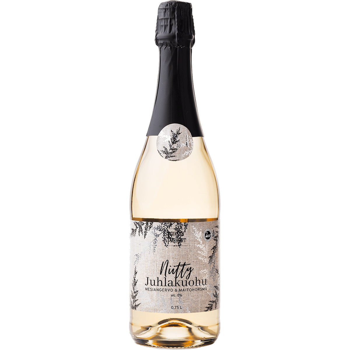 A bottle of Poikain Parhaat Niitty Sparkling Drink 0,0%, non-alcoholic with a light golden color. Features a nature-inspired label with black and white botanicals and a black foil-wrapped top.