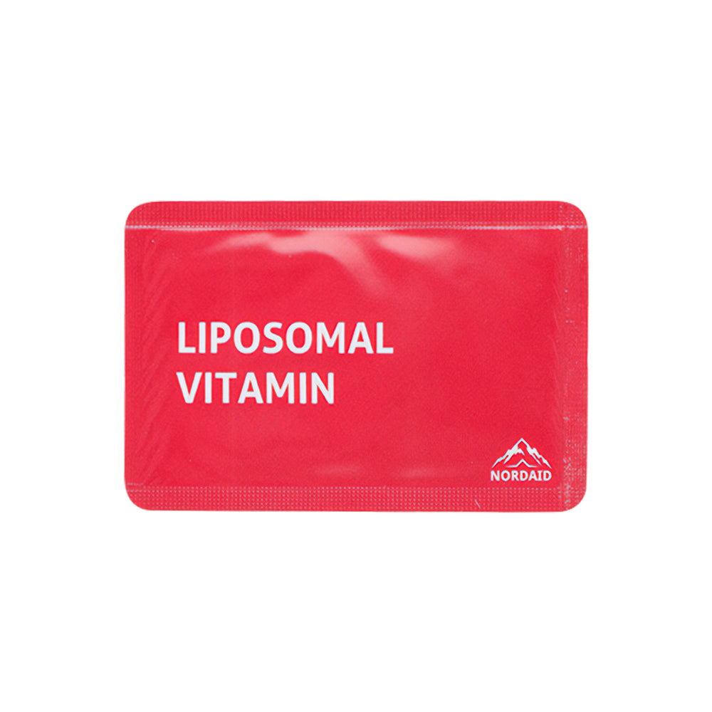 A red packet labeled "Nordaid Liposomal Vitamin C" in white text, designed for immune system support, featuring a small white Nordaid logo and mountain graphic in the bottom right corner.