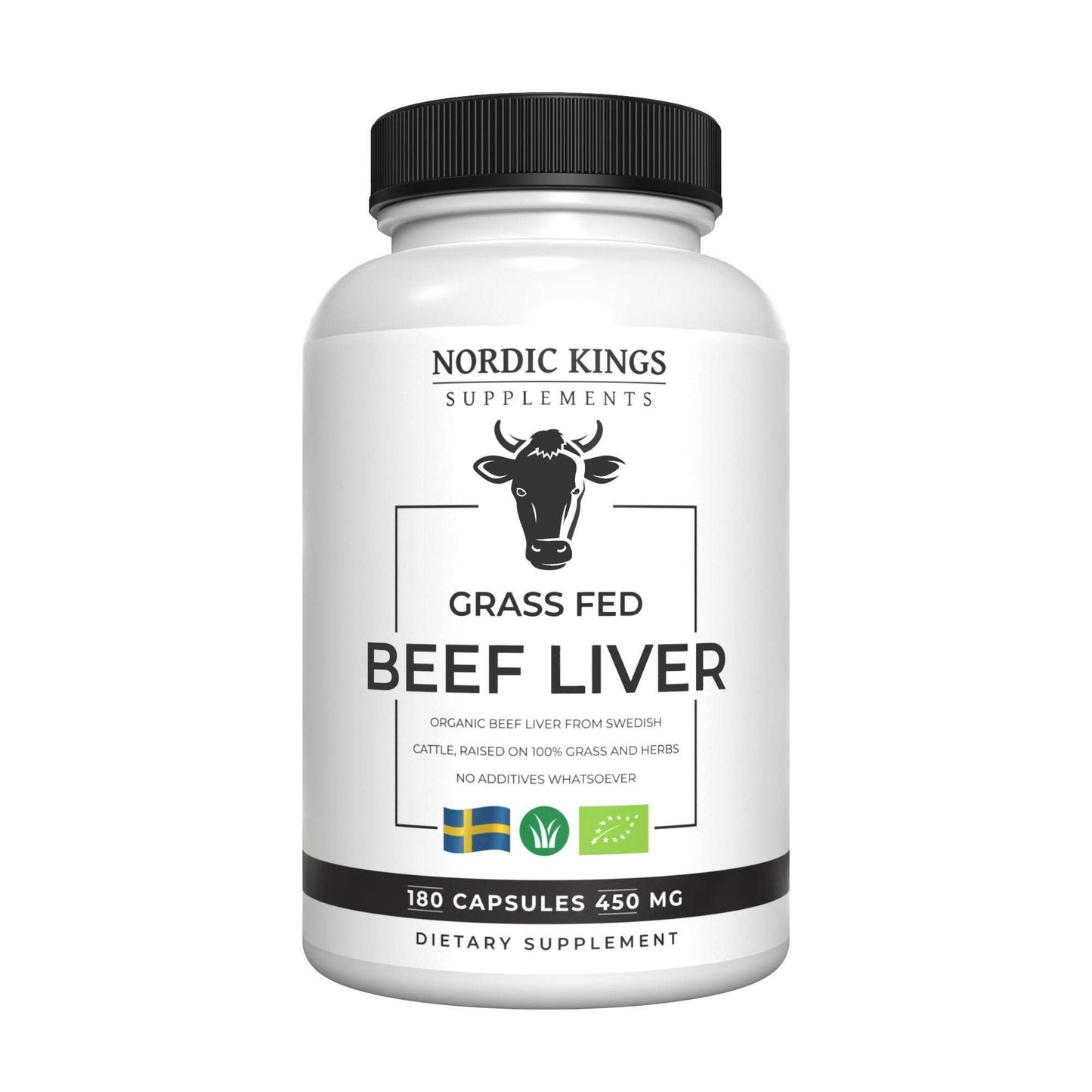 A white bottle of Nordic Kings Organic Grass Fed Beef Liver supplement (180 capsules, 450 mg), featuring a cow illustration, Swedish and organic symbols, and highlighting freeze-dried liver with no additives.