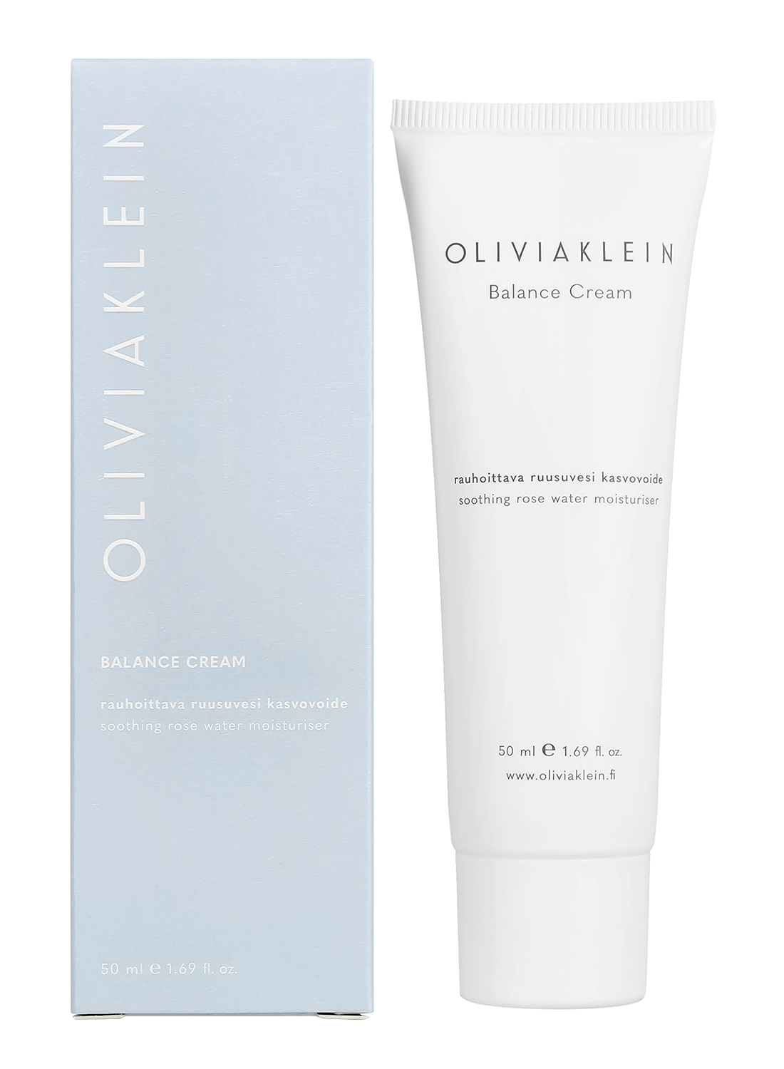 A white tube labeled Olivia Klein Balance Cream stands next to a light blue box, both showing English and Finnish details for a soothing, fast-absorbing rose water moisturiser for sensitive skin, 50 ml. Brand: Olivia Klein.