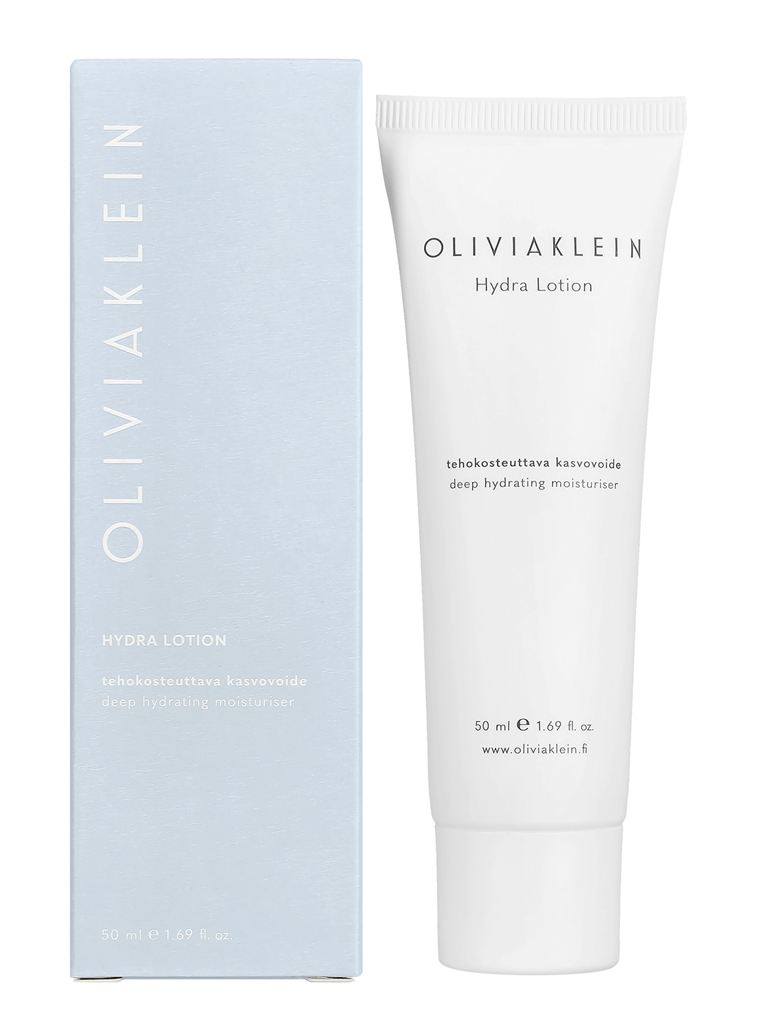 A 50 ml (1.69 fl oz) white tube and light blue box of Olivia Klein Hydra Lotion by Olivia Klein, a deeply hydrating daily face moisturizer for dry skin.