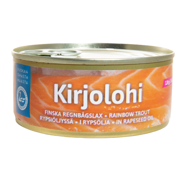 A can of Pielisen Kala Rainbow Trout In Rapeseed Oil by Pielisen Kala, showing a pink-orange rainbow trout on the label with Finnish, Swedish, and English text. Features a pull-tab lid.