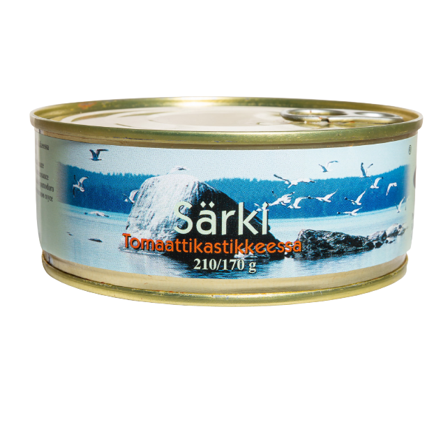 A 210/170g can of Pielisen Kala Roach Shunks In Tomato Sauce, featuring a lake scene with rocks and birds on the label—a genuine Finnish fish delicacy from Pielisen Kala.