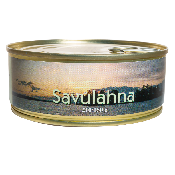 A round tin labeled Pielisen Kala Smoked Bream (210/150g), featuring a lake sunset image. This canned fish from Pielisen Kala is smoked bream, alder-smoked and sealed with a metal pull-tab lid.