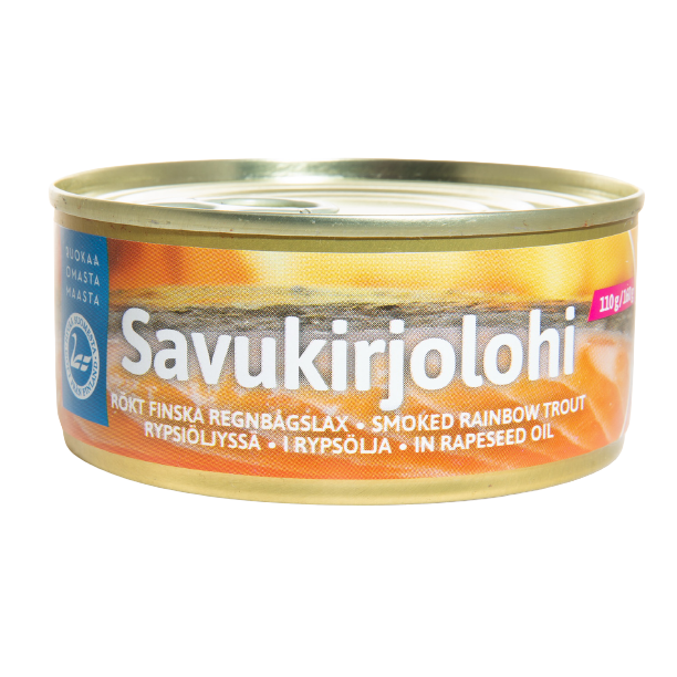 A can of Pielisen Kala Smoked Rainbow Trout In Rapeseed Oil, featuring Finnish and English text and a pull-tab lid, is displayed against a white background.