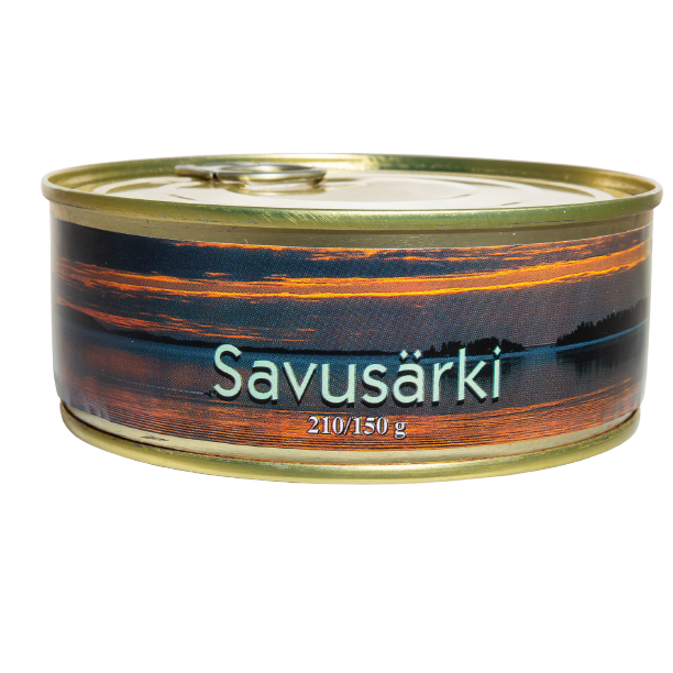 A round metal can with a pull-tab lid, labeled Pielisen Kala Smoked Roach (210/150g). The label shows a sunset over a calm lake with tree silhouettes, hinting at the tasty smoked roach inside from Pielisen Kala.
