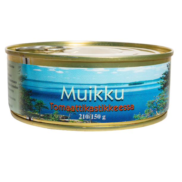 A can labeled Pielisen Kala Vendace In Tomato Sauce by Pielisen Kala, featuring a lake and forest image. Contains vendace in tomato sauce—ideal for pasta or on bread. Net weight 210/150 g.