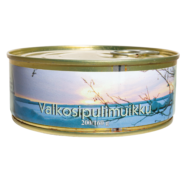 Pielisen Kala Vendace With Garlic Sauce, by Pielisen Kala, comes in a gold-lidded can with a lake and trees on the label. Enjoy this delicious garlic-infused fish as a snack or serve at parties.
