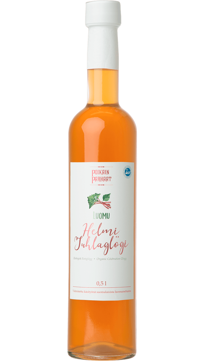 A tall, clear 0.5L glass bottle with a white cap holds orange liquid. The label reads Poikain Parhaat Organic Helmi Celebration Glogg and features decorative green leaves. This is an organic Finnish glogg from Poikain Parhaat.