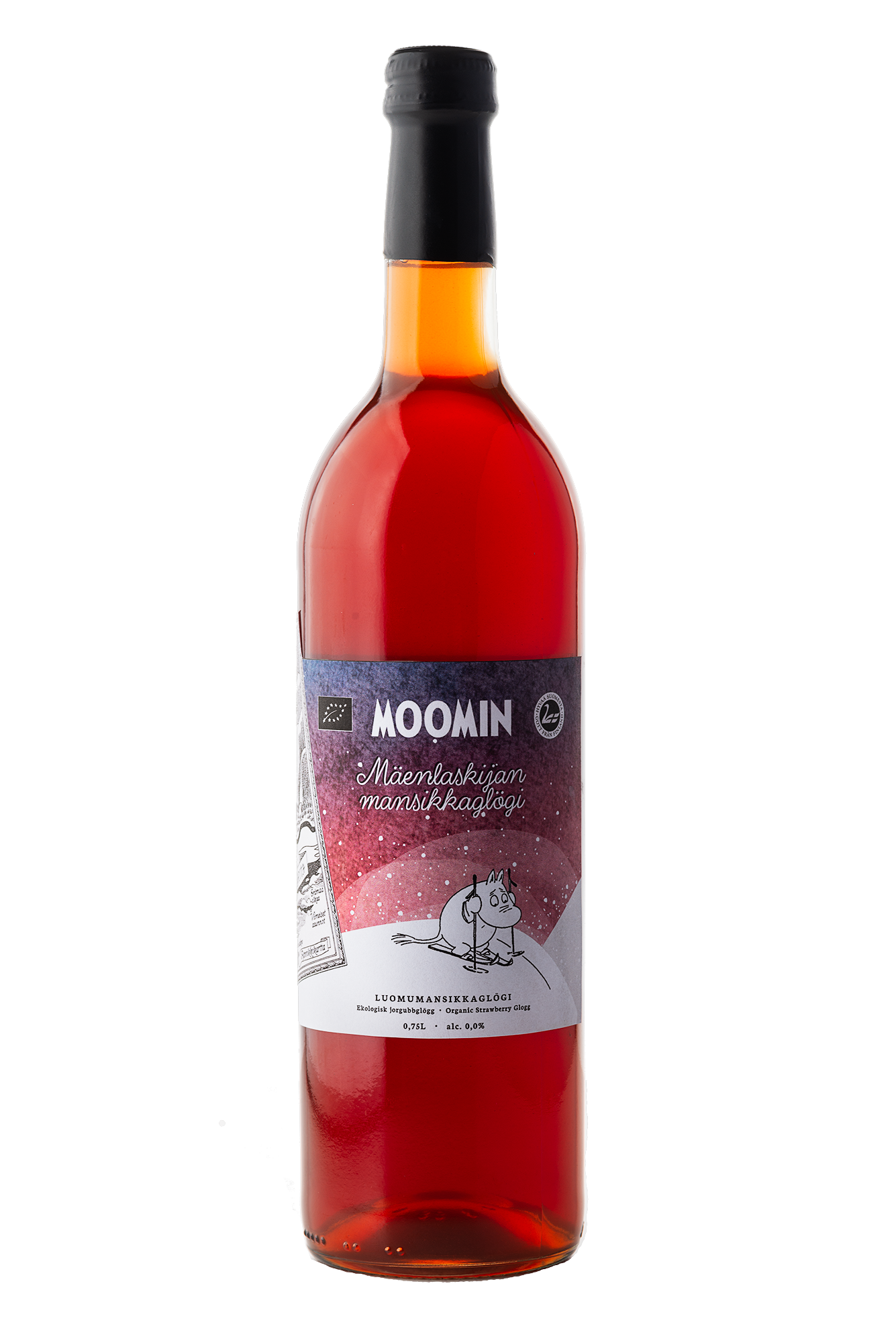 A bottle of Poikain Parhaat Organic Moomin Strawberry Glogg with red liquid, black cap, and Finnish text features a Moomin character in a snowy landscape. The bottle is displayed on a white background.