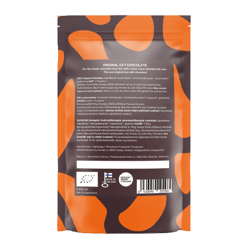 Goodio Organic Oat Chocolate Beans Original comes in a stand-up pouch with a bold orange and dark brown abstract design. The back lists multi-language ingredient and nutrition info, highlights vegan gluten-free oats, plus a barcode and certification logos below.