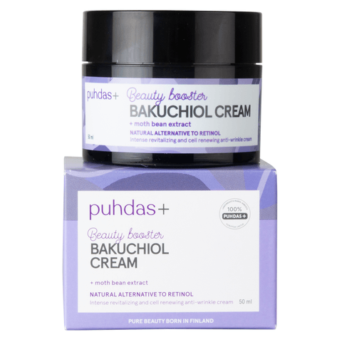 A jar of Puhdas+ Bakuchiol Beauty Booster Cream, a natural retinol alternative with moth bean extract, sits atop its matching purple box.