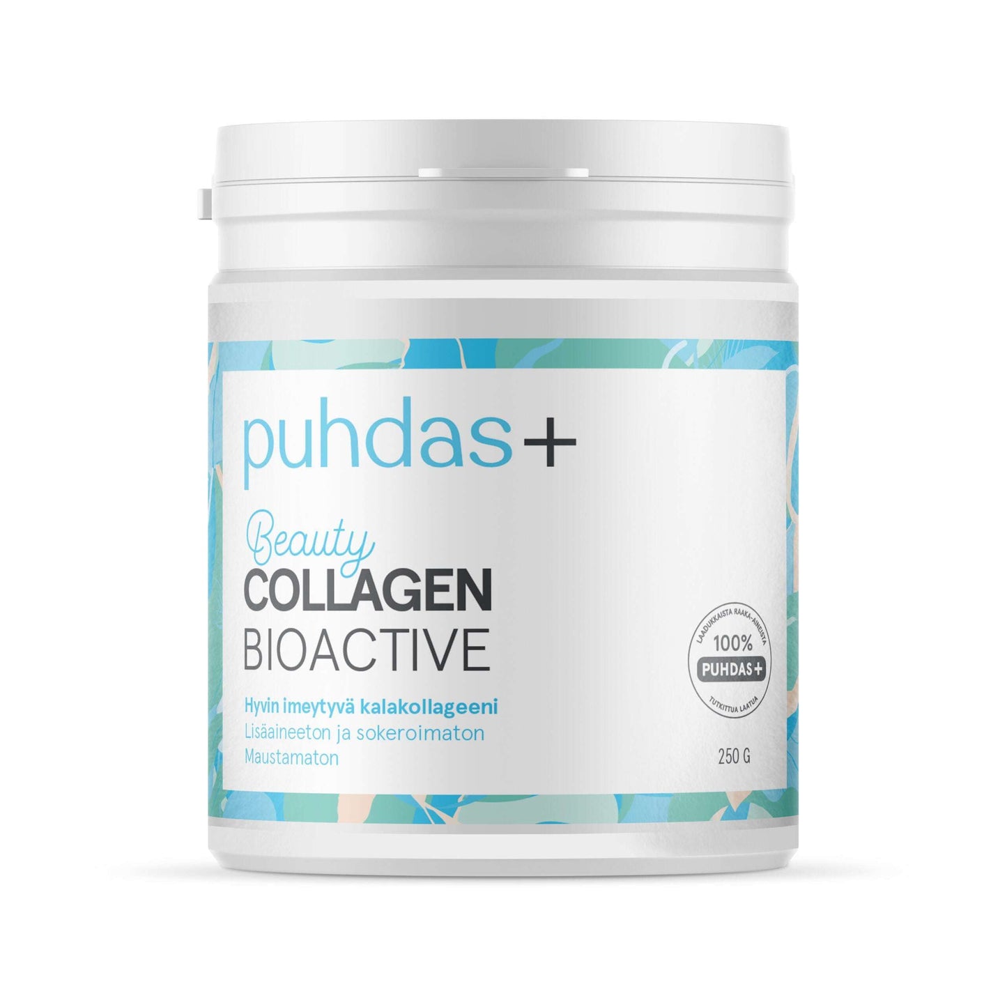 A white plastic container of Puhdas+ Beauty Collagen Natural by Puhdas+, a premium collagen supplement for skin health, featuring a blue and green label with Finnish text and a 250g net weight.