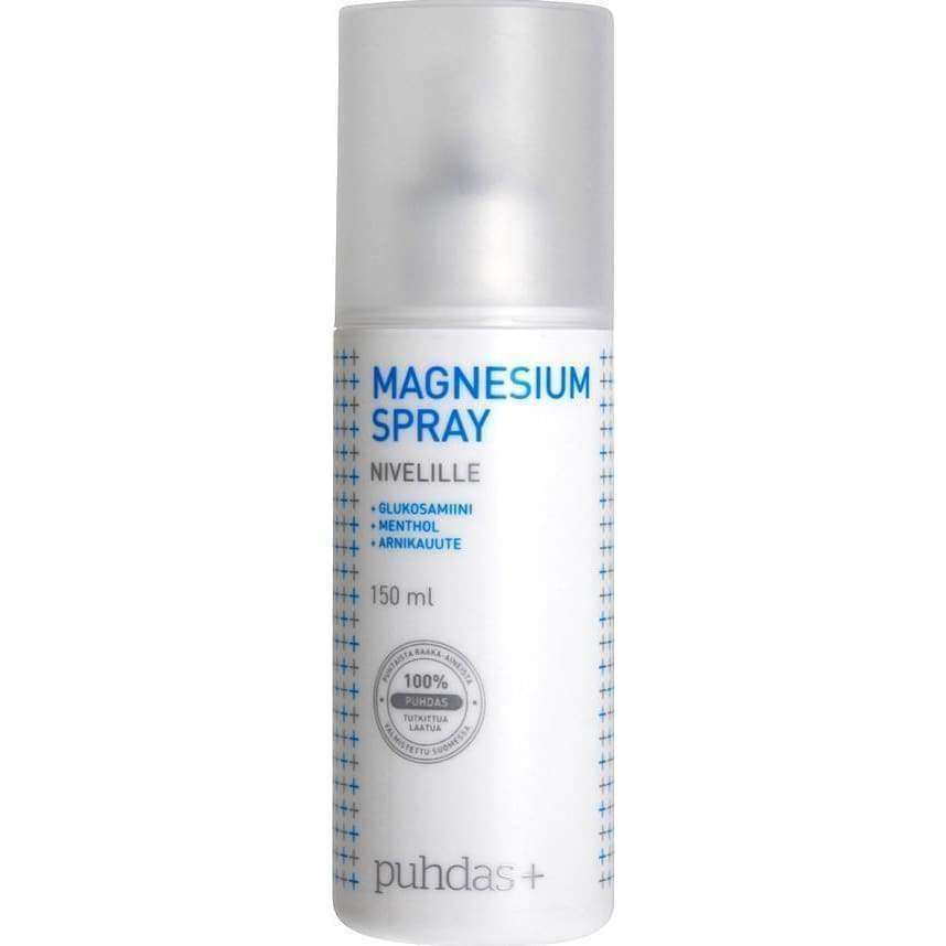 A 150 ml white bottle of Puhdas+ Magnesium Spray For Joints features a translucent cap and blue-grey labeling, listing glucosamine, menthol, and arnica to support joint pain relief and muscle recovery.
