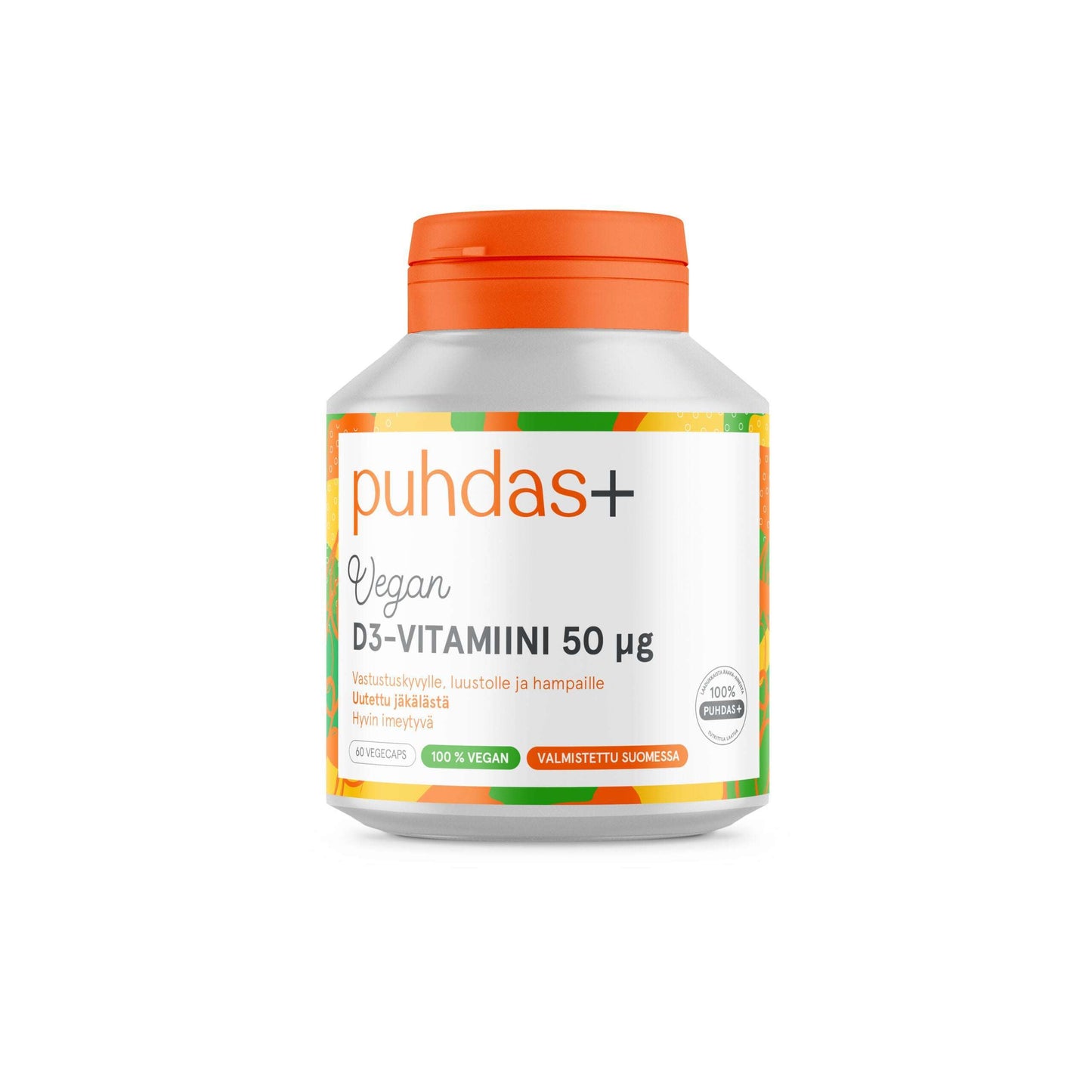 A white bottle of Puhdas+ Plant-Based Vitamin D3 50 µg with an orange lid and colorful label is shown on a white background. The label notes it is vegan and made in Finland. Brand: Puhdas+.