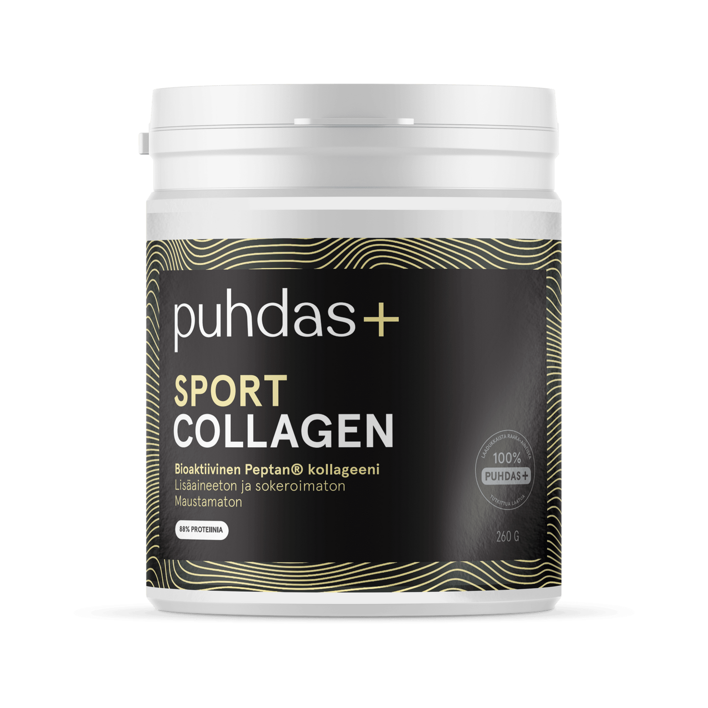A white container labeled Puhdas+ Sport Collagen Hydrolysate, with gold and black waves, contains 260g of unflavored, unsweetened Peptan collagen protein for muscle growth; text appears in Finnish. Brand: Puhdas+.