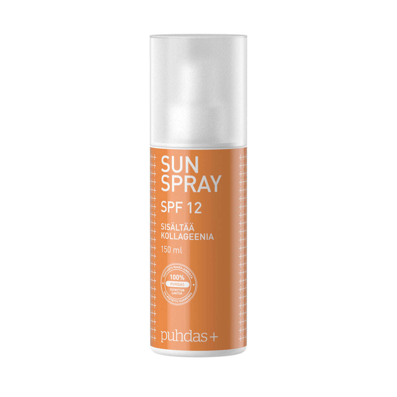 A 150 ml bottle of Puhdas+ Sun Creme Spray SPF 12, a collagen sunscreen with orange label and white cap, featuring a round “100% natural raw materials” mark for natural sun protection.