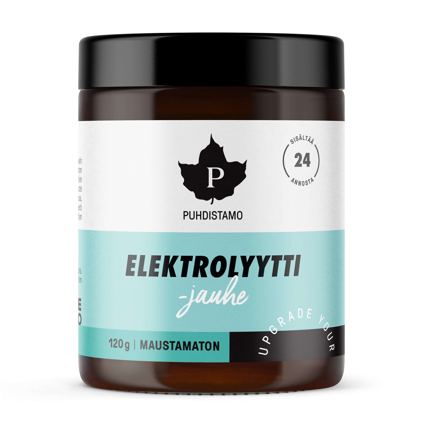 A 120g jar of Puhdistamo Electrolyte Powder Natural with a black lid and a white, teal, and black label—ideal for sports drinks or supporting a ketogenic diet.