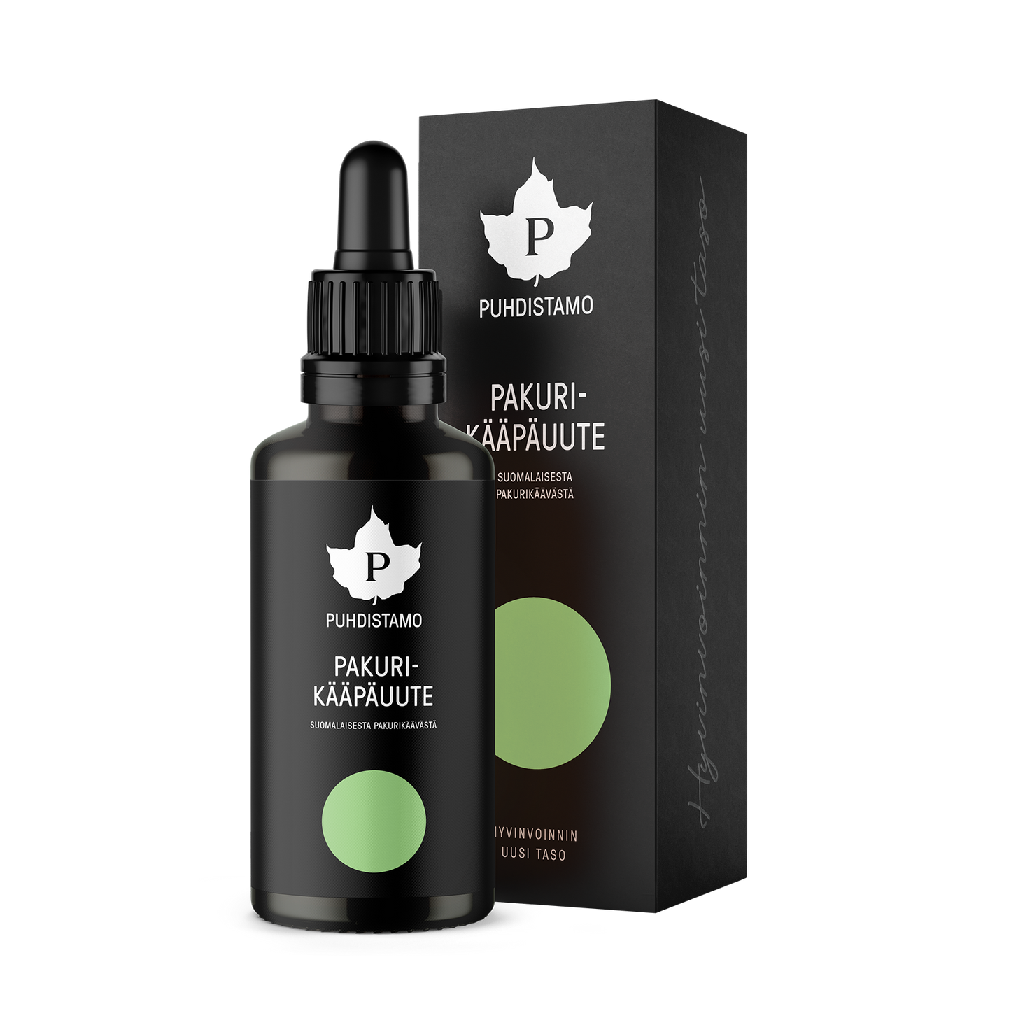 A black dropper bottle labeled Puhdistamo Premium Research Chaga Extract stands before a matching black box, both featuring the Puhdistamo brand, white leaf logo, and green circle accents.