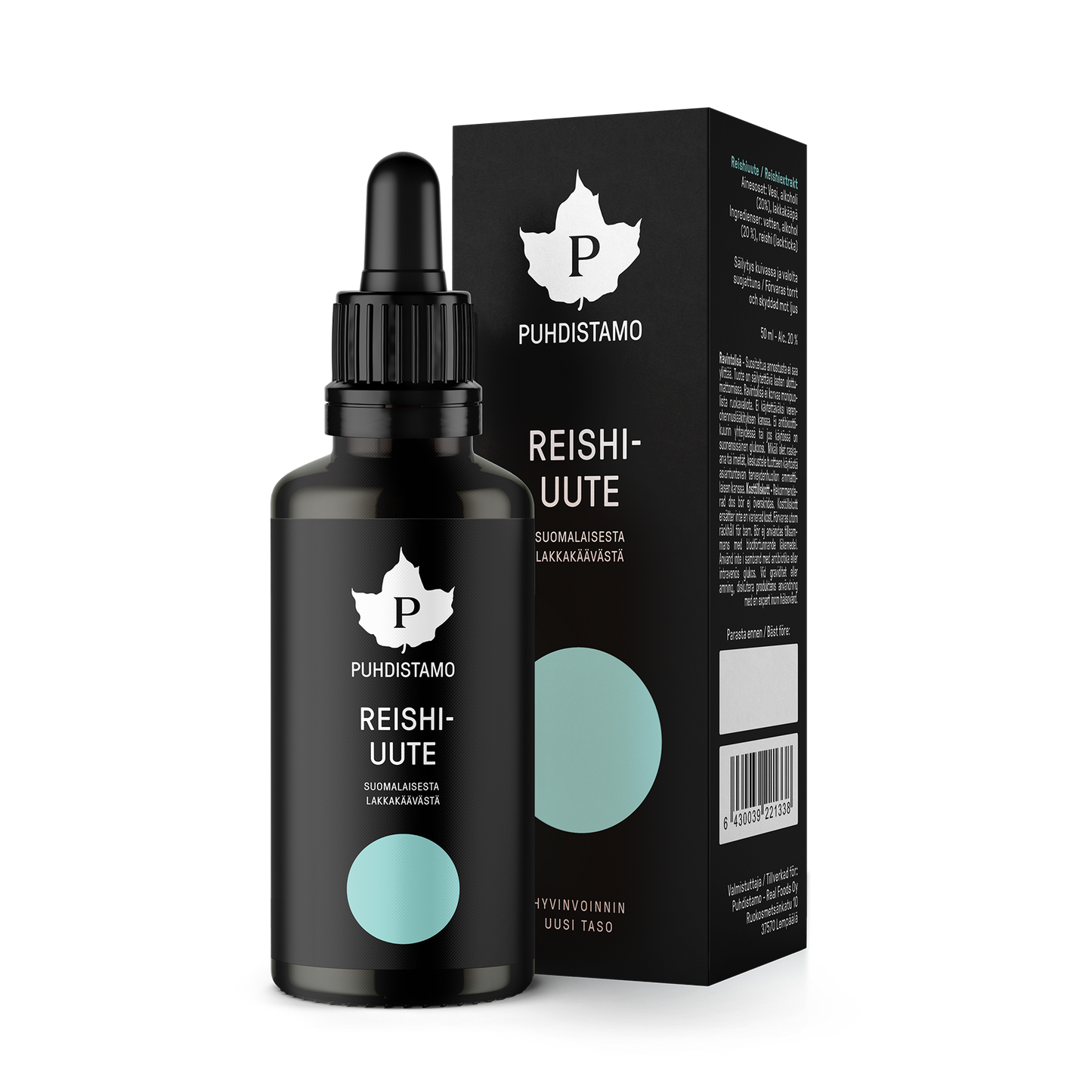 A dark glass dropper bottle labeled Puhdistamo Premium Research Reishi Extract, a Finnish supplement by Puhdistamo, stands before its matching black box with teal accents, white text, and a maple leaf logo.