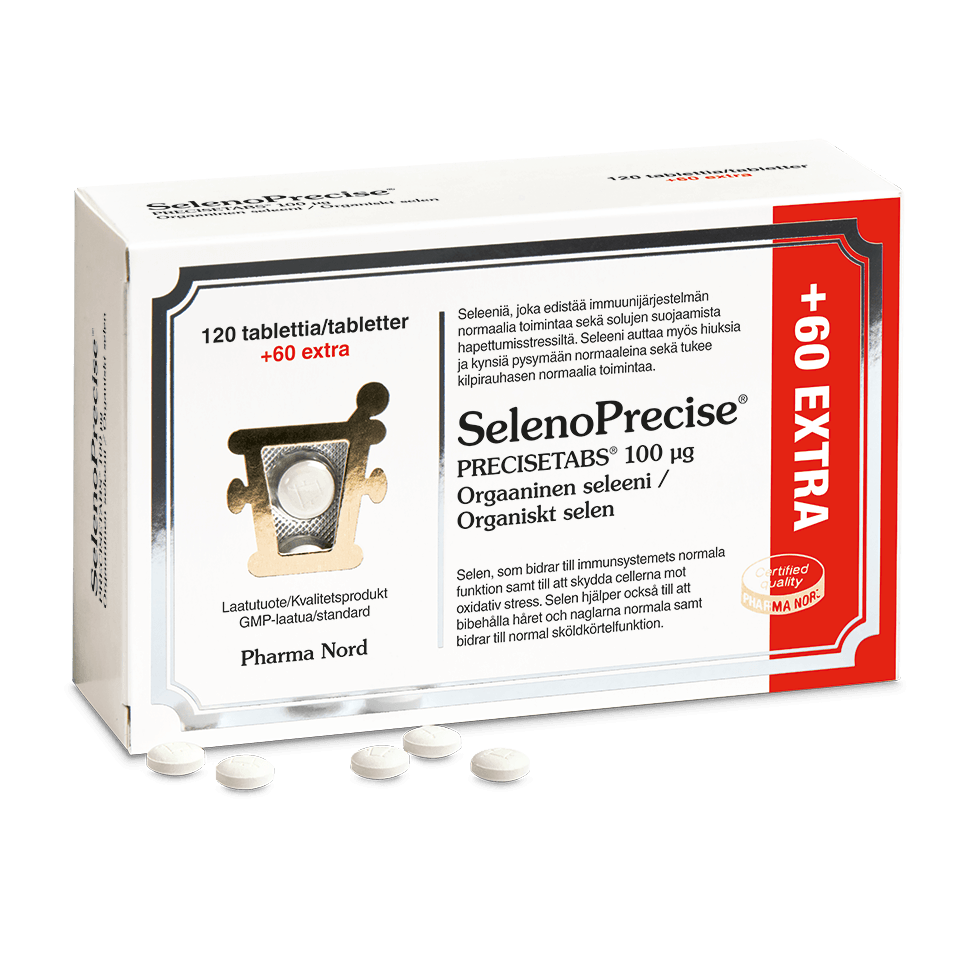 A Pharma Nord SelenoPrecise box contains 120 tablets plus 60 extra. The mostly white packaging features red and black text and highlights organic selenium from selenium yeast, with six white round tablets displayed in front.