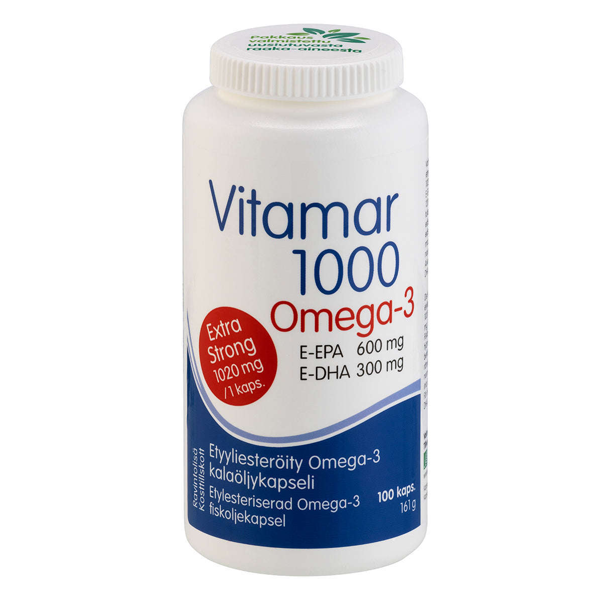 A white bottle of Hankintatukku Vitamar 1000 Omega-3 contains ethyl ester fish oil capsules (1020 mg: E-EPA 600 mg, E-DHA 300 mg). The label is in Finnish and Swedish.