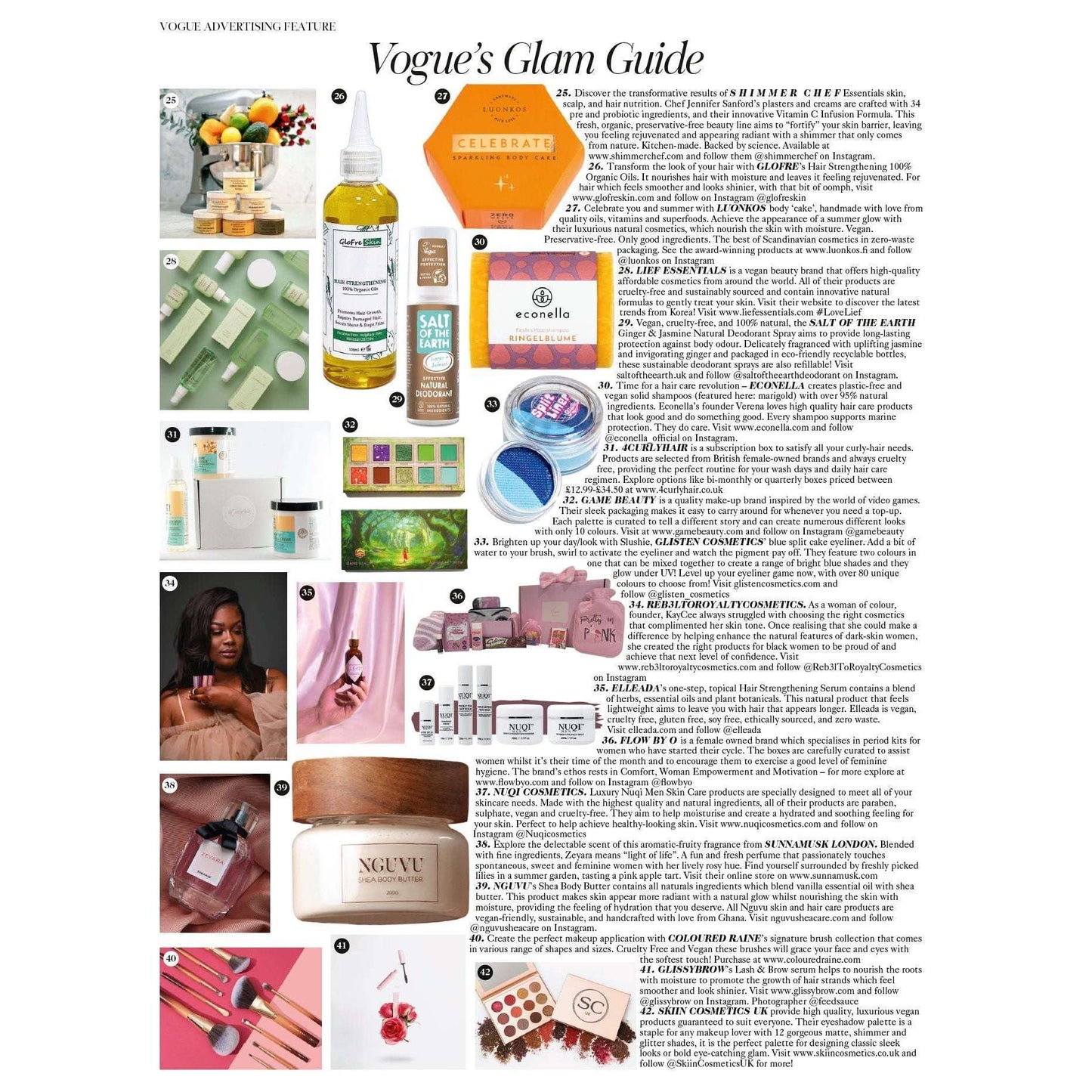 A Vogue’s Glam Guide page displays Luonkos Celebrate Body Cake by Luonkos, featured with other chic beauty and skincare products in a stylish grid layout.