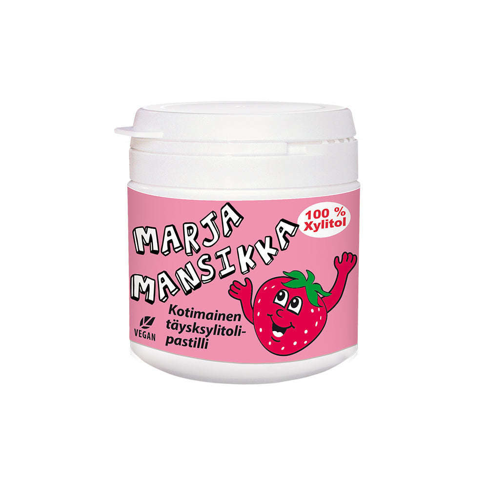 A white plastic container with a pink label featuring a cartoon strawberry. The label reads "Vitabalans 100% Xylitol Pastilles"—vegan, sugar free pastilles for better dental health.