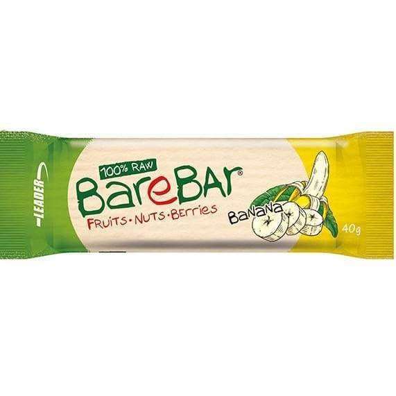 The BareBar Banana 24-pack features fruit and nut bars in green and yellow wrappers with bananas on the label, marked "100% RAW BareBar Fruits · Nuts · Berries Banana 40g"—a wholesome vegan snack from BareBar.
