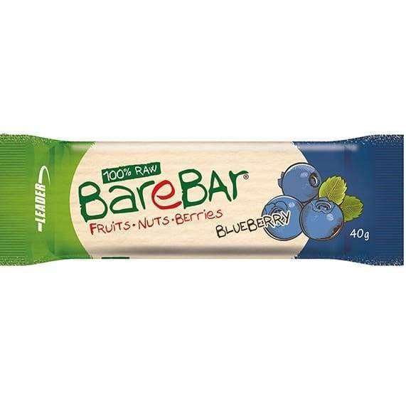 BareBar Blueberry 24-pack by BareBar features 40g vegan snack bars made with fruits, nuts, berries, and Finnish blueberries for a rich blueberry flavor. Labeled 100% Raw and packed in wrappers with blueberry illustrations.