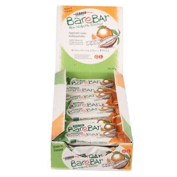 A 24-pack display box of BareBar Orange-Raw Cocoa bars by BareBar, featuring individually wrapped vegan, gluten-free snacks with no additives and “all natural energy.”.