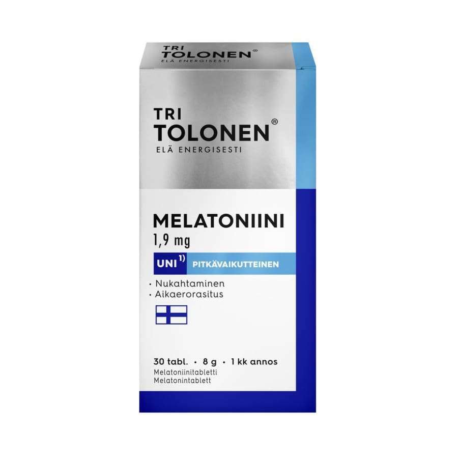 A blue and white box of Dr. Tolonen Melatonin 1,9 mg tablets with Finnish text and a small Finnish flag on the front. The packaging indicates 30 sleep supplement tablets for jet lag relief.