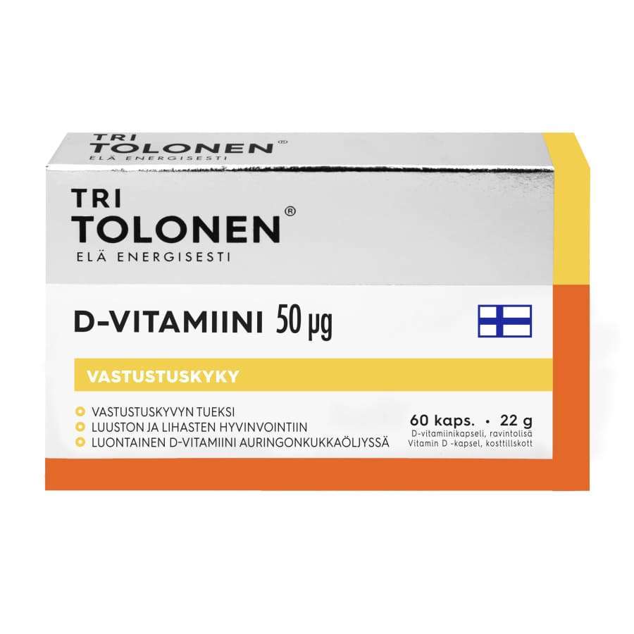 A box of Dr. Tolonen Vitamin D 50 µg features 60 capsules. The Finnish-labeled white box with yellow and orange accents displays a flag and highlights immune system support. Brand: Dr. Tolonen.