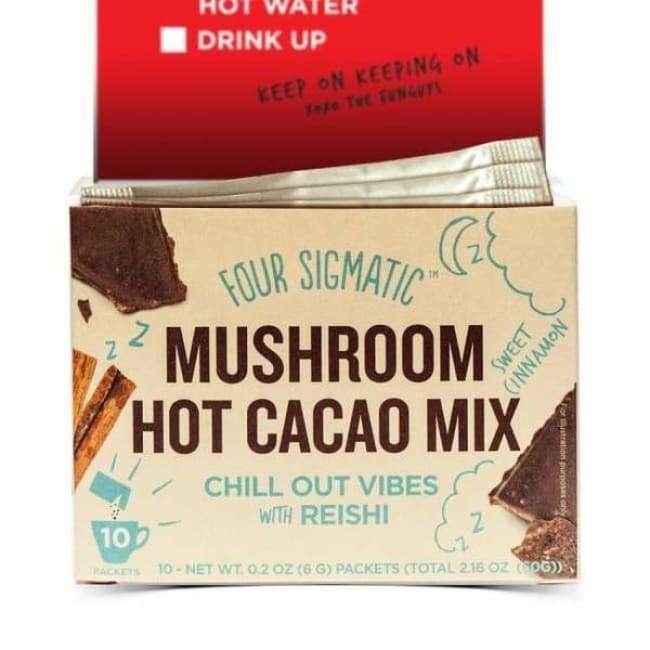 Four Sigmatic Hot Cacao Reishi by Four Sigmatic comes in a box of 10 packets. Designed for stress relief with reishi mushroom extract, its package features chocolate imagery and a relaxed theme.