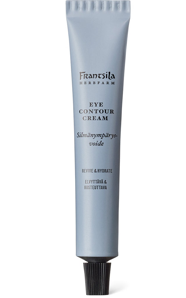 A blue tube of Frantsila Midsummer Rose Bright Eyes Beauty Cream with a black cap, labeled in English and Finnish, features rosehip seed oil and the phrases "Revive & Hydrate," highlighting its use for the eye area.