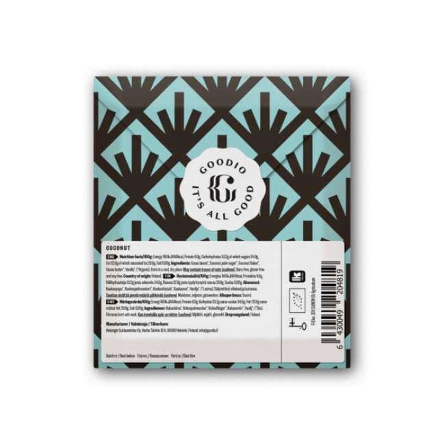 Back of a Goodio Organic Chocolate Coconut bar with blue and brown geometric design, featuring product details, barcode, recycling and food safety symbols; highlights its dairy-free, raw chocolate qualities from Goodio.