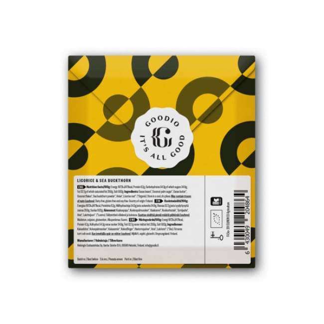 A Goodio Organic Chocolate Licorice & Sea Buckthorn bar in yellow packaging with black circles and a center label reads GOODIO ITS ALL GOOD. The back features ingredients, nutrition info, a barcode, and organic and vegan certification symbols.