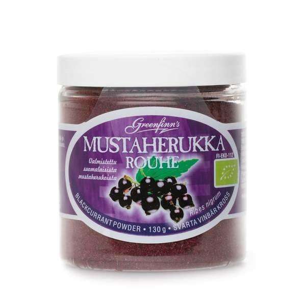 A clear plastic jar labeled Greenfinn’s Organic Blackcurrant Powder contains 130g of organic blackcurrant powder, rich in vitamin C. The label has blackcurrant imagery, Finnish text, and a white screw-on lid. Brand: Greenfinn's.