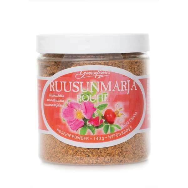 A 140g plastic jar of Greenfinn's Rosehip Powder features pink rosehip flowers and berries. The label, in Finnish, Swedish, and English, highlights the vitamin C-rich powder and celebrates the power of Finnish berries.