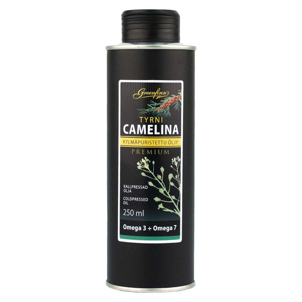 A black 250ml metal bottle of Greenfinn’s Sea Buckthorn & Camelina Oil with a black screw cap features a yellow and white label with plant illustrations, highlighting “Omega 3 + Omega 7” and “cold pressed oil rich in omega-3 fatty acids.”.