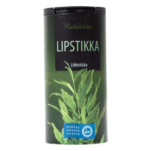 A green cylindrical container labeled Heikkilä's Lovage, from the brand Heikkilä's, features fresh lovage leaves—also called Maggikraut—and a blue circular label; a classic herb perfect for soups.
