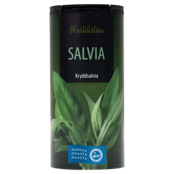 A green canister of Heikkilä’s Sage, a classic herb for meat dishes and natural flavor enhancer, features sage leaf images and Finnish text on the label.