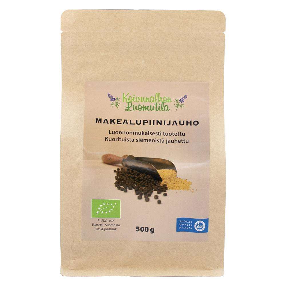 A 500g brown paper package of Koivunalho Farm Organic Sweet Lupine Flour, a high-protein, gluten-free choice. The pack features Finnish text, eco-certification labels, and a wooden spoon with black seeds on the front.