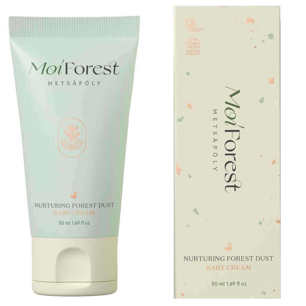 Moi Forest Nurturing Forest Dust Baby Cream (50 ml) by Moi Forest is shown in a light pastel green tube and box with minimalist design—ideal for sensitive skin and gentle microbiome support.