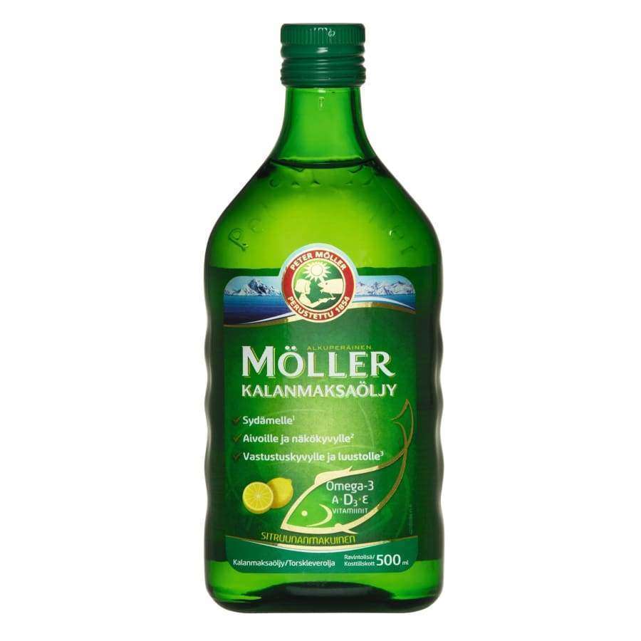 A 500 ml green bottle of Möller Cod Liver Oil features a green cap, a label with a fish, lemon, and Finnish text, and highlights omega-3s plus vitamins D, A, and E.