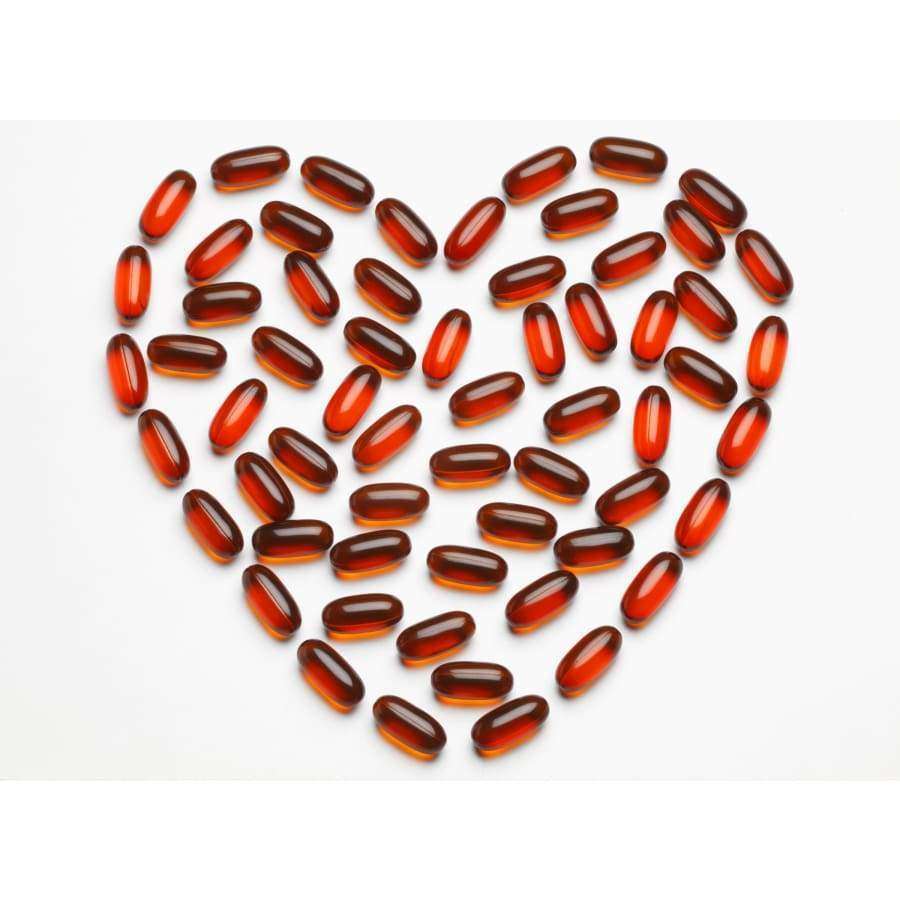 Möller Omega-3 Heart softgel capsules by Möller, rich in omega-3 fatty acids, are arranged in a heart shape on a white background—highlighting their support for heart health.