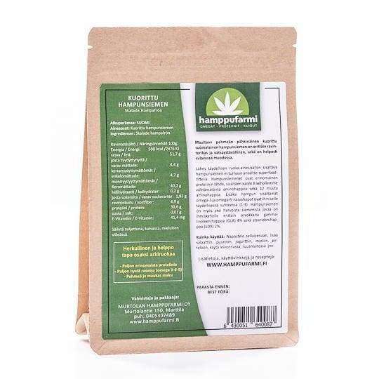 A brown paper package labeled Nordic Hempfarm with a green and white logo and Finnish nutritional info highlights Organic Peeled Hemp Seed as a rich protein source with omega-3 fatty acids.