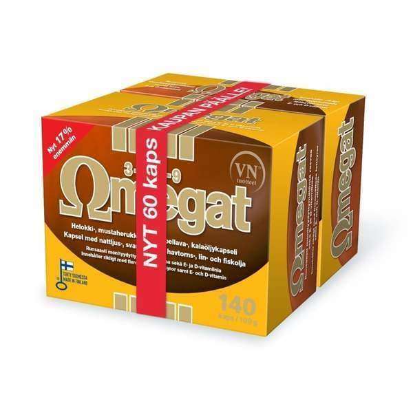 A yellow and orange Via Naturale Omegat 3-6-7-9 box, labeled “Nyt! 60 kaps.” and “140 kaps.,” features the logo, Finnish flag, and Finnish text. Supports daily omega fatty acid intake.